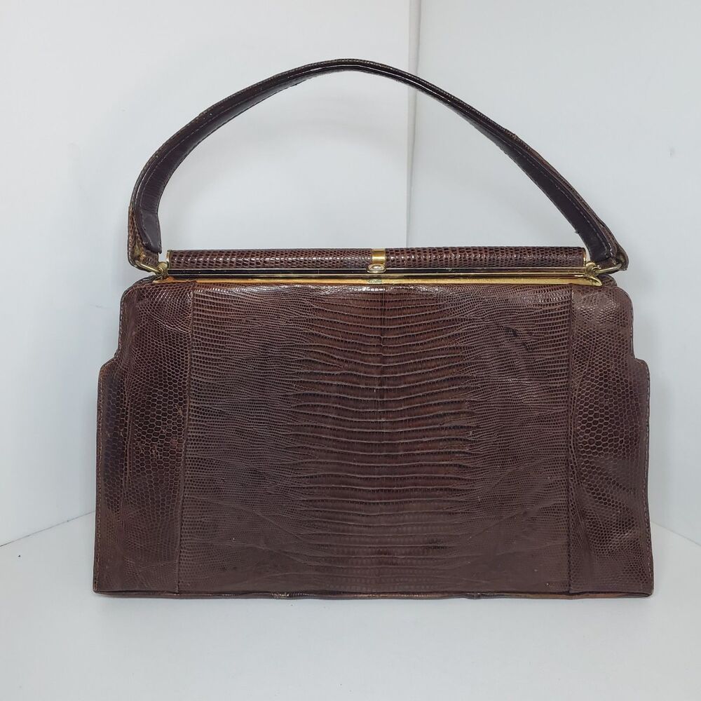Vintage 1950s Purse Genuine Lizard Handbag Bag Satchel Brown EUC